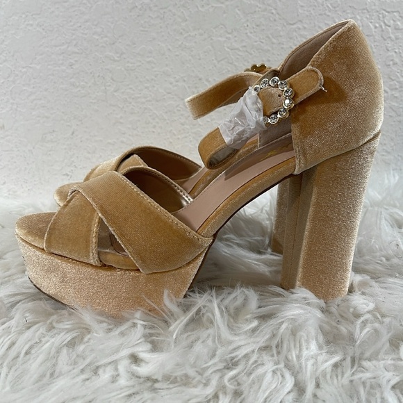 LULUS Crushest Champagne Velvet Rhinestone Ankle Strap Chunky Heels Size 10 NEW - Picture 9 of 16
